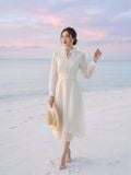  Đầm midi tay dài cổ hoa voan thắt nơ 
