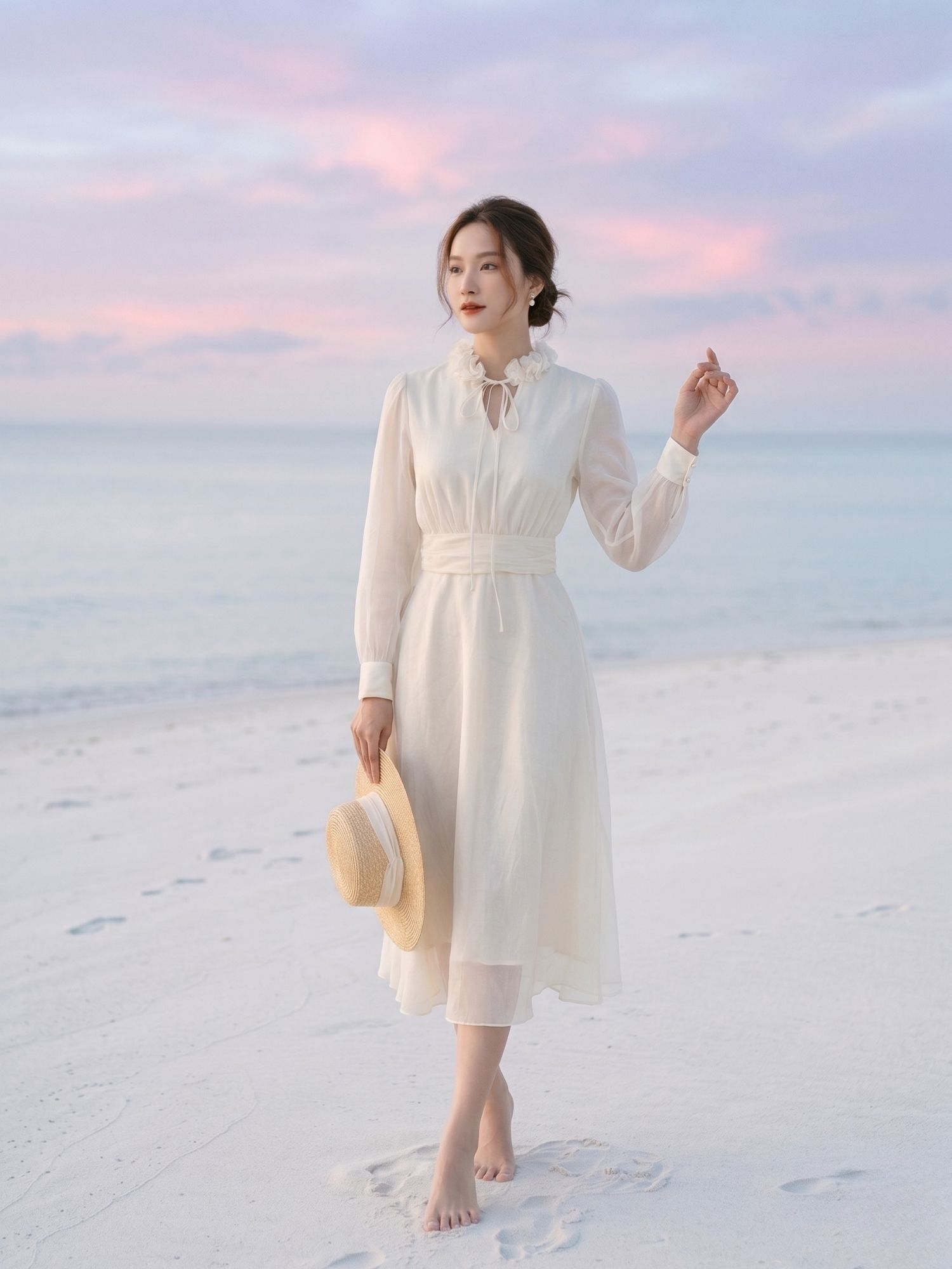  Đầm midi tay dài cổ hoa voan thắt nơ 