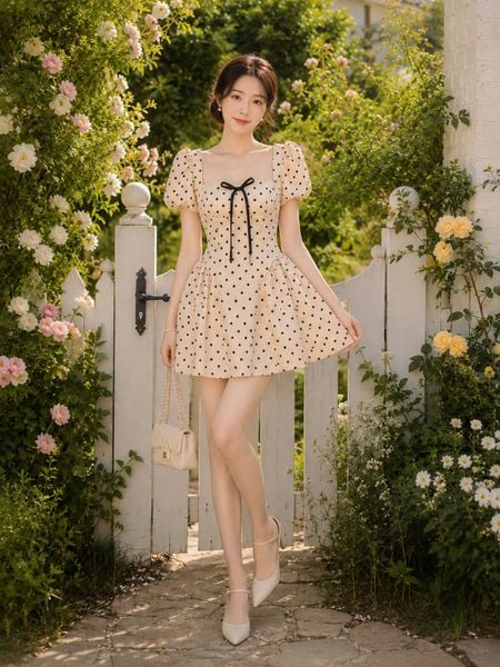  Đầm mini chấm bi tay phồng nhún tùng 