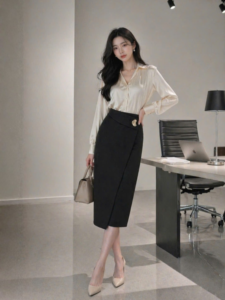  Áo sơ mi lụa cổ V nhún 