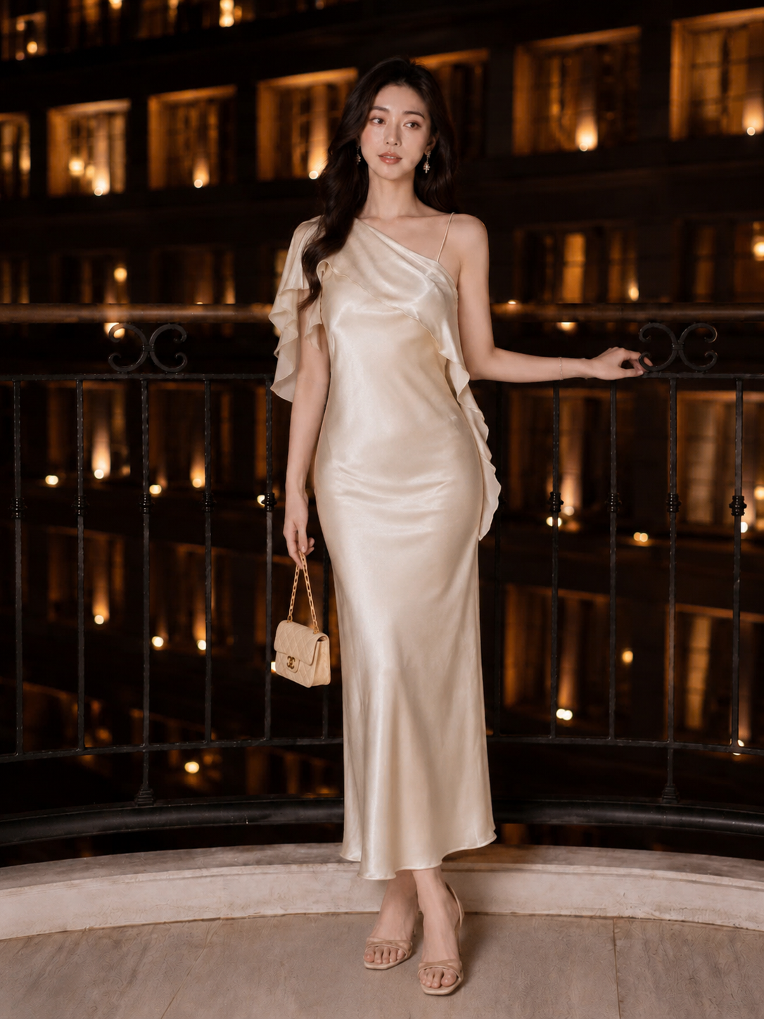  Đầm maxi lụa ánh lệch vai phối khăn 
