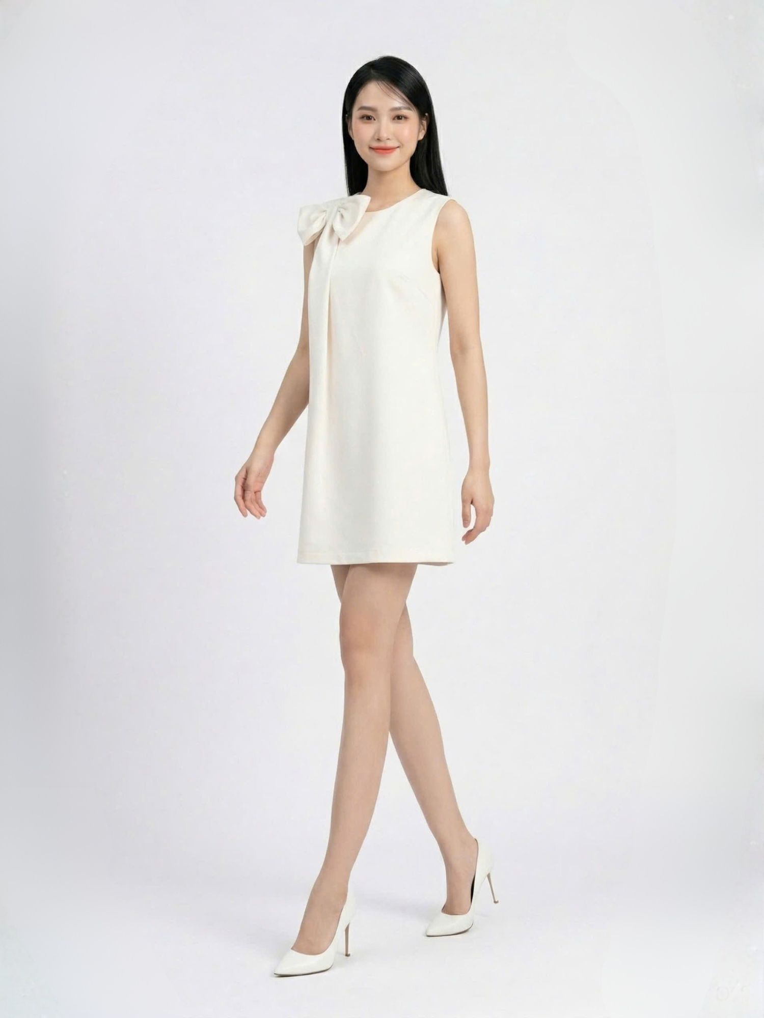  Đầm mini phom suông phối nơ vai cách điệu 