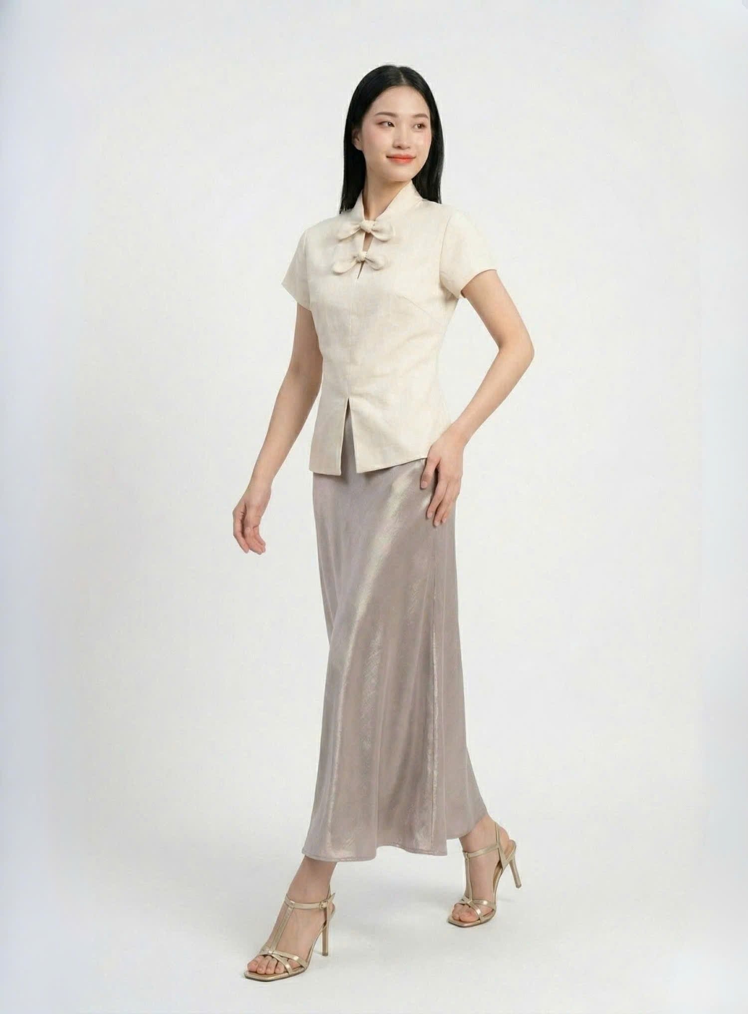  Áo linen chiết eo phối nơ cổ 
