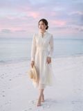  Đầm midi tay dài cổ hoa voan thắt nơ 