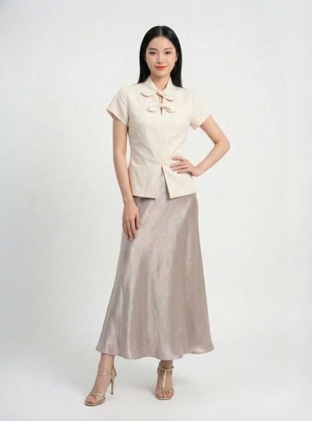  Áo linen chiết eo phối nơ cổ 