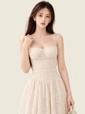  Đầm midi 2 dây hạ eo hoa nổi 