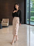  Chân váy midi xếp ly xẻ đùi phối bèo rũ 