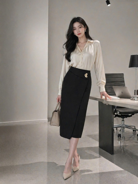  Áo sơ mi lụa cổ V nhún 