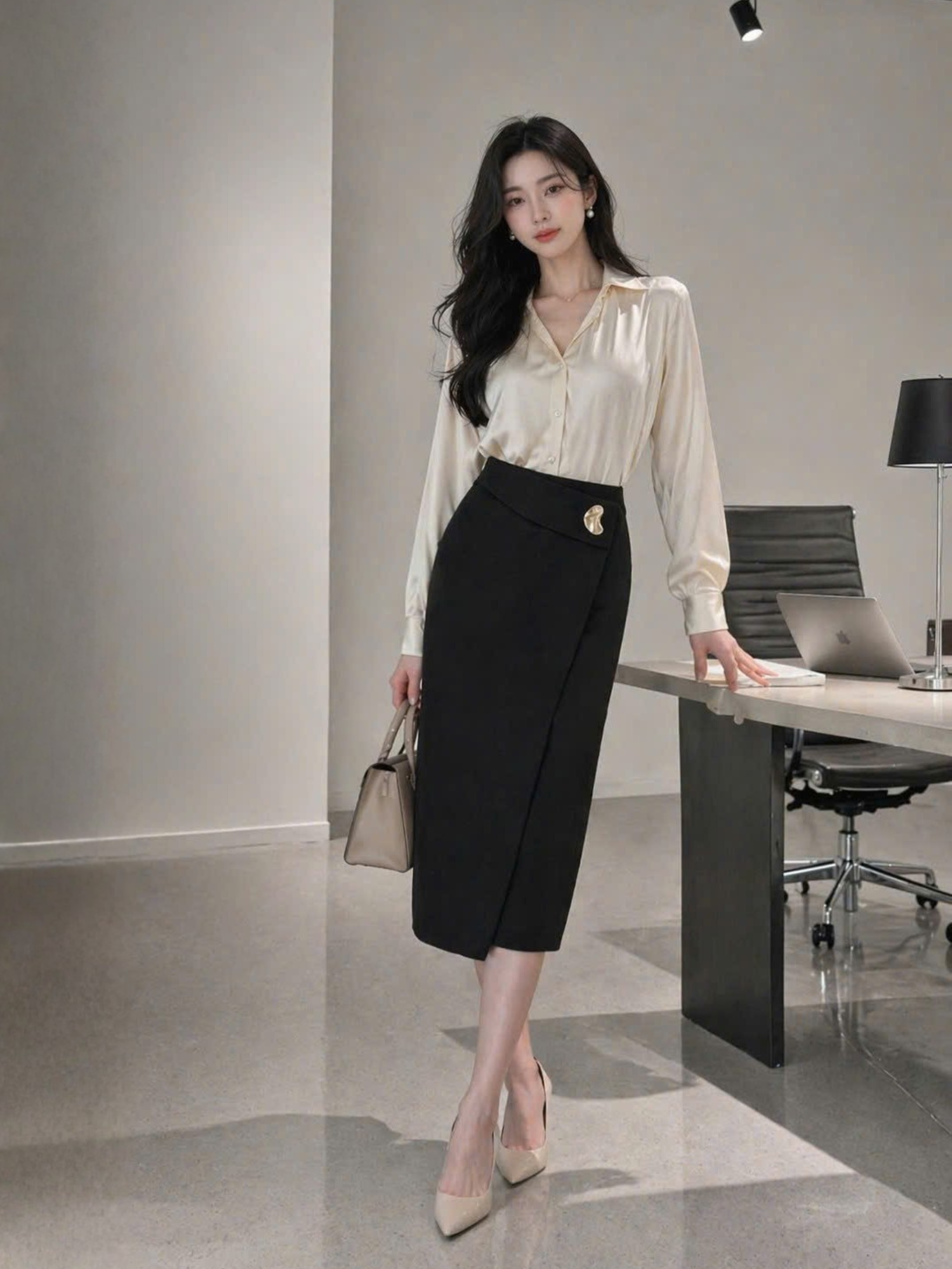  Áo sơ mi lụa cổ V nhún 