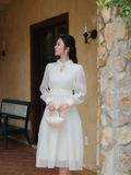  Đầm midi tay dài cổ hoa voan thắt nơ 