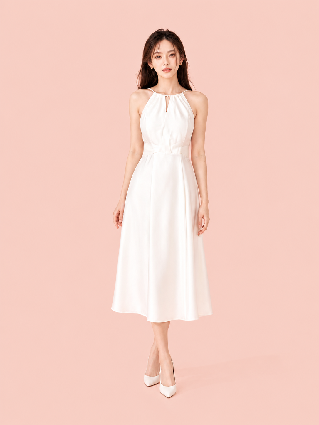 Đầm midi cổ yếm xếp ly eo 