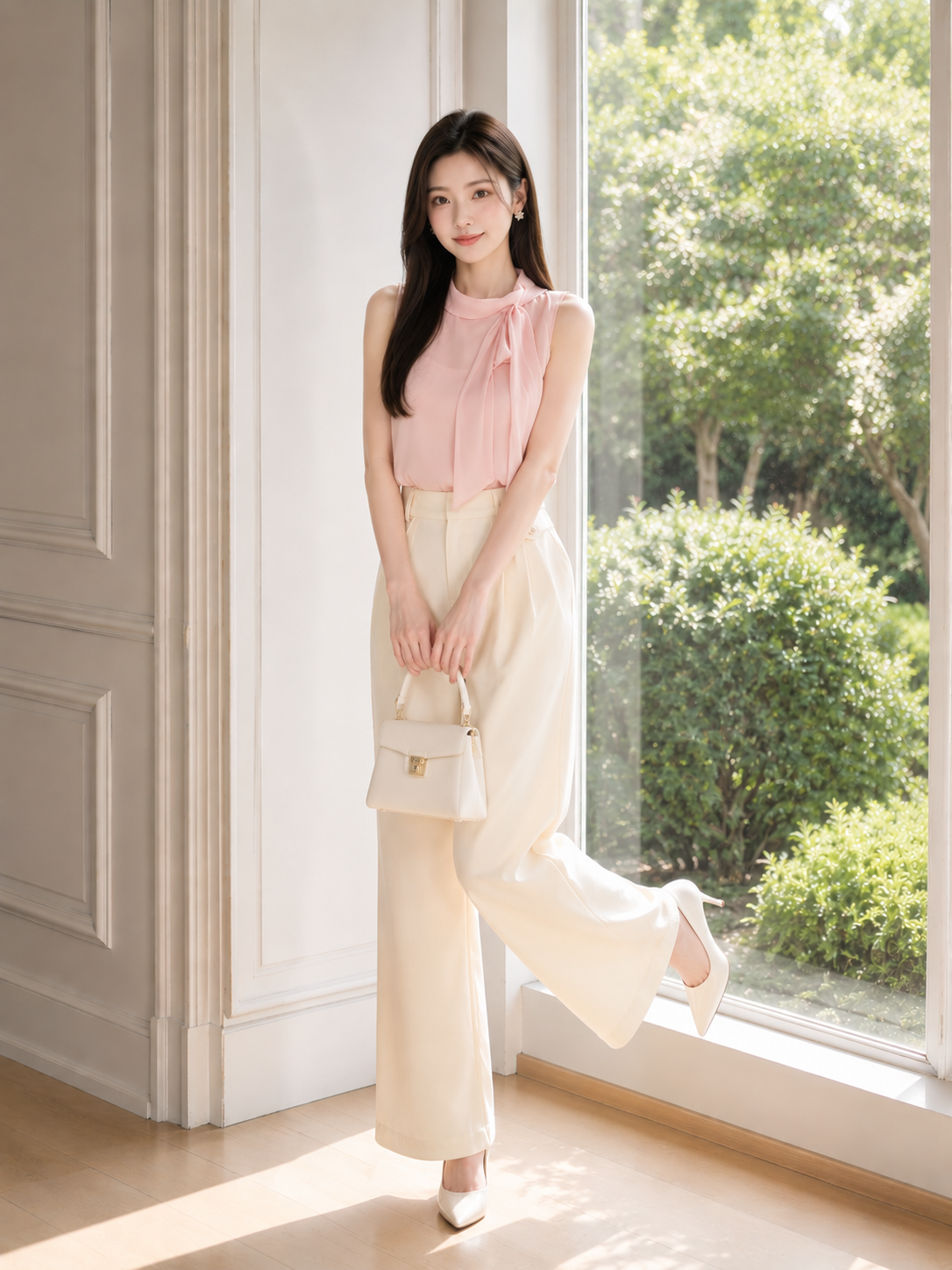 Quần tây dài ống rộng xếp li phối nắp túi giả