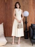  Đầm midi sát nách khoét cổ phối nơ 