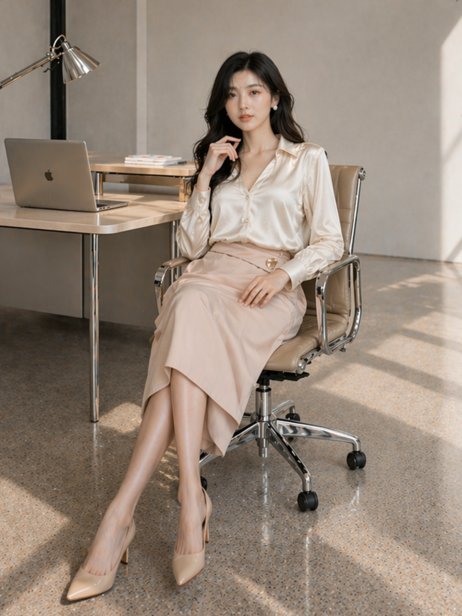 Áo sơ mi lụa cổ V nhún