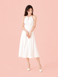  Đầm midi cổ yếm xếp ly eo 