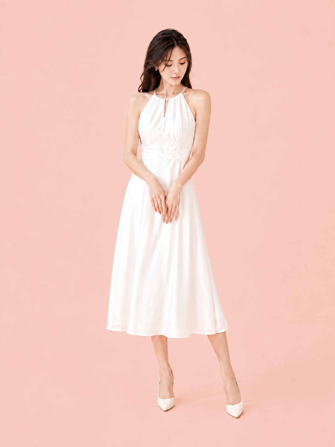  Đầm midi cổ yếm xếp ly eo 