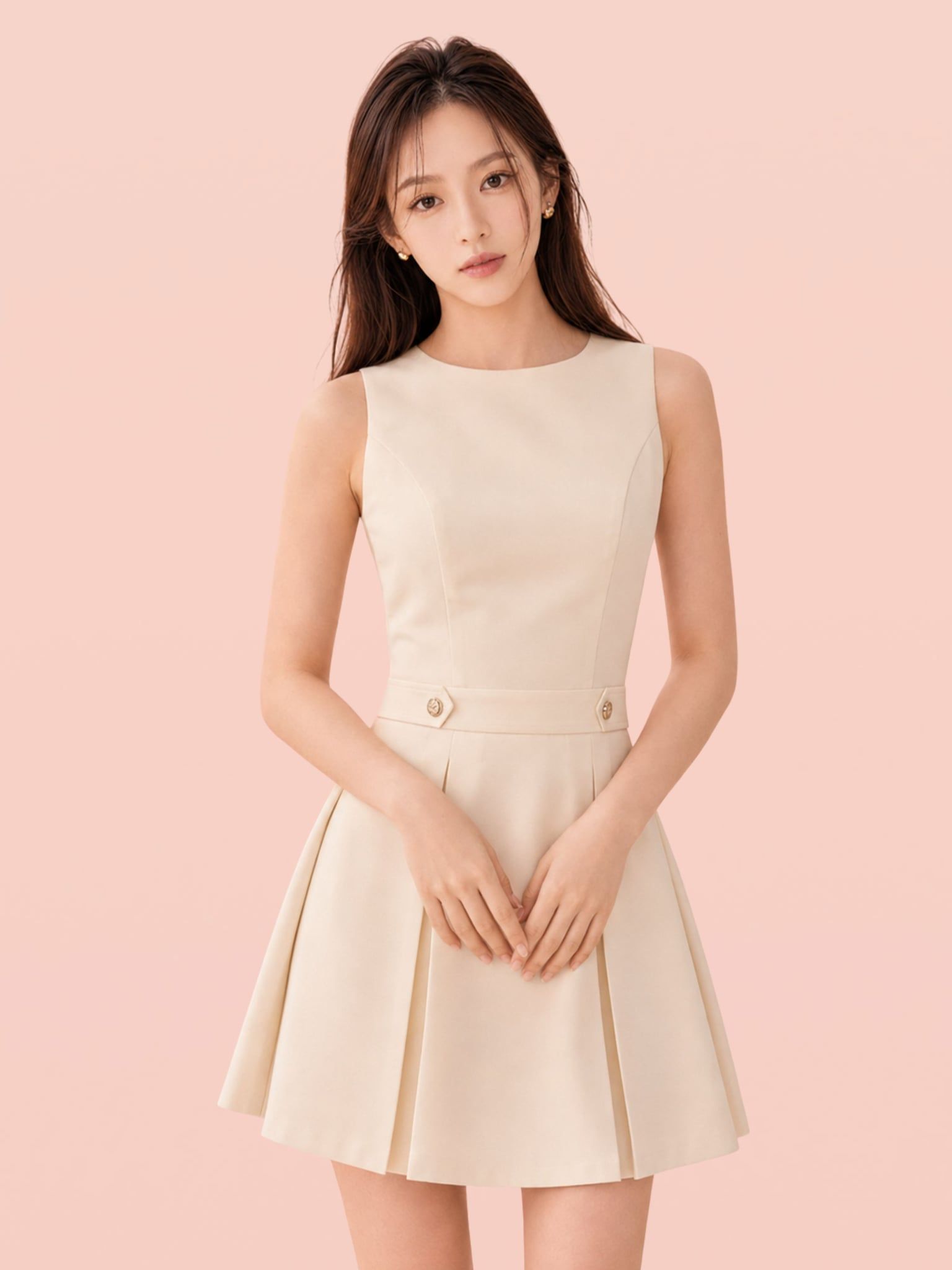  Đầm mini cổ tròn tùng xếp li 