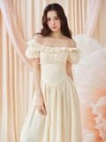  Đầm midi trễ vai phối bèo có tay 