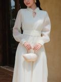  Đầm midi tay dài cổ hoa voan thắt nơ 