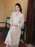  Đầm midi tay dài cổ hoa voan thắt nơ 