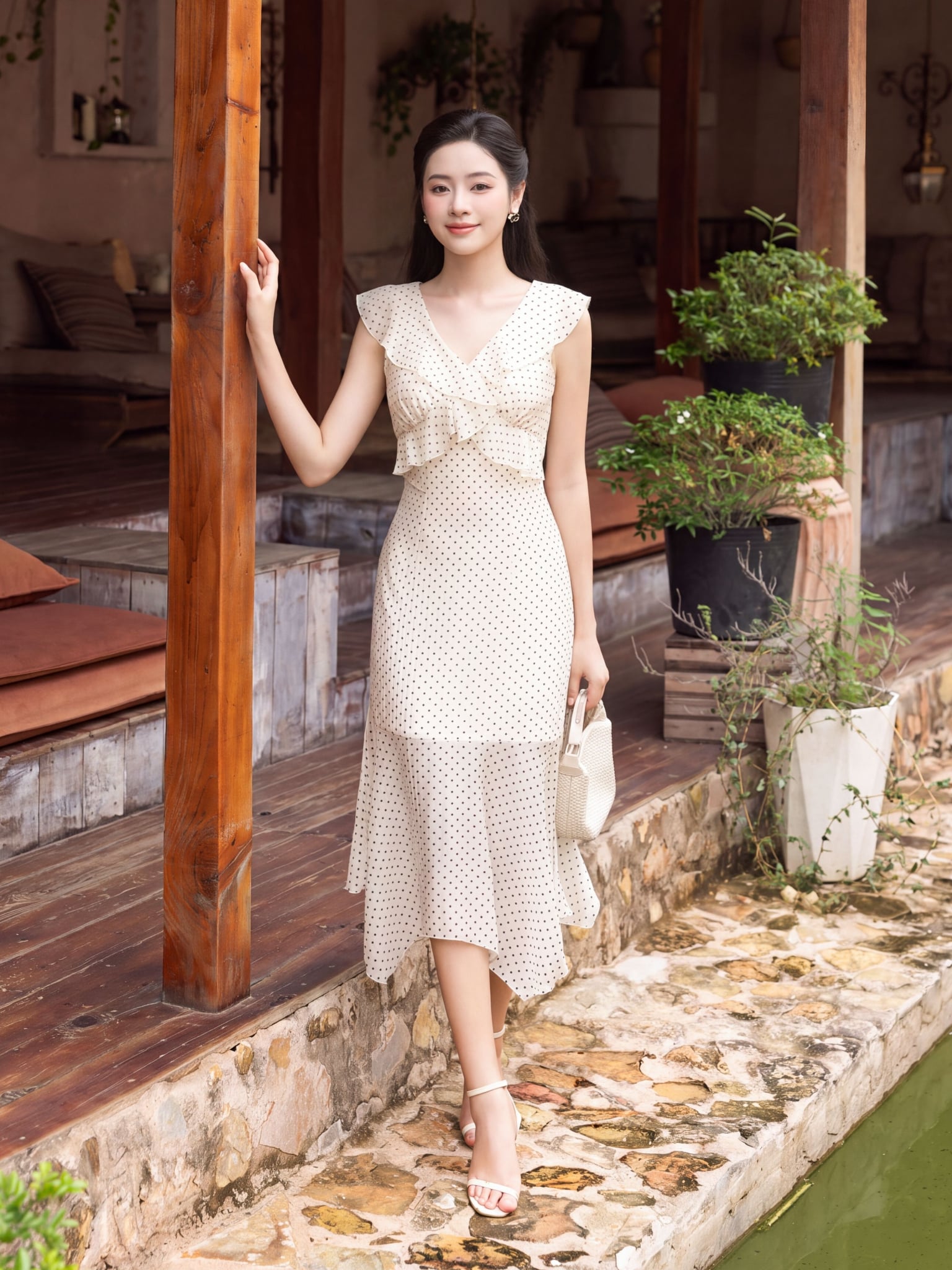 Đầm midi tơ chấm bi cổ V bèo