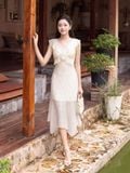  Đầm midi tơ chấm bi cổ V bèo 