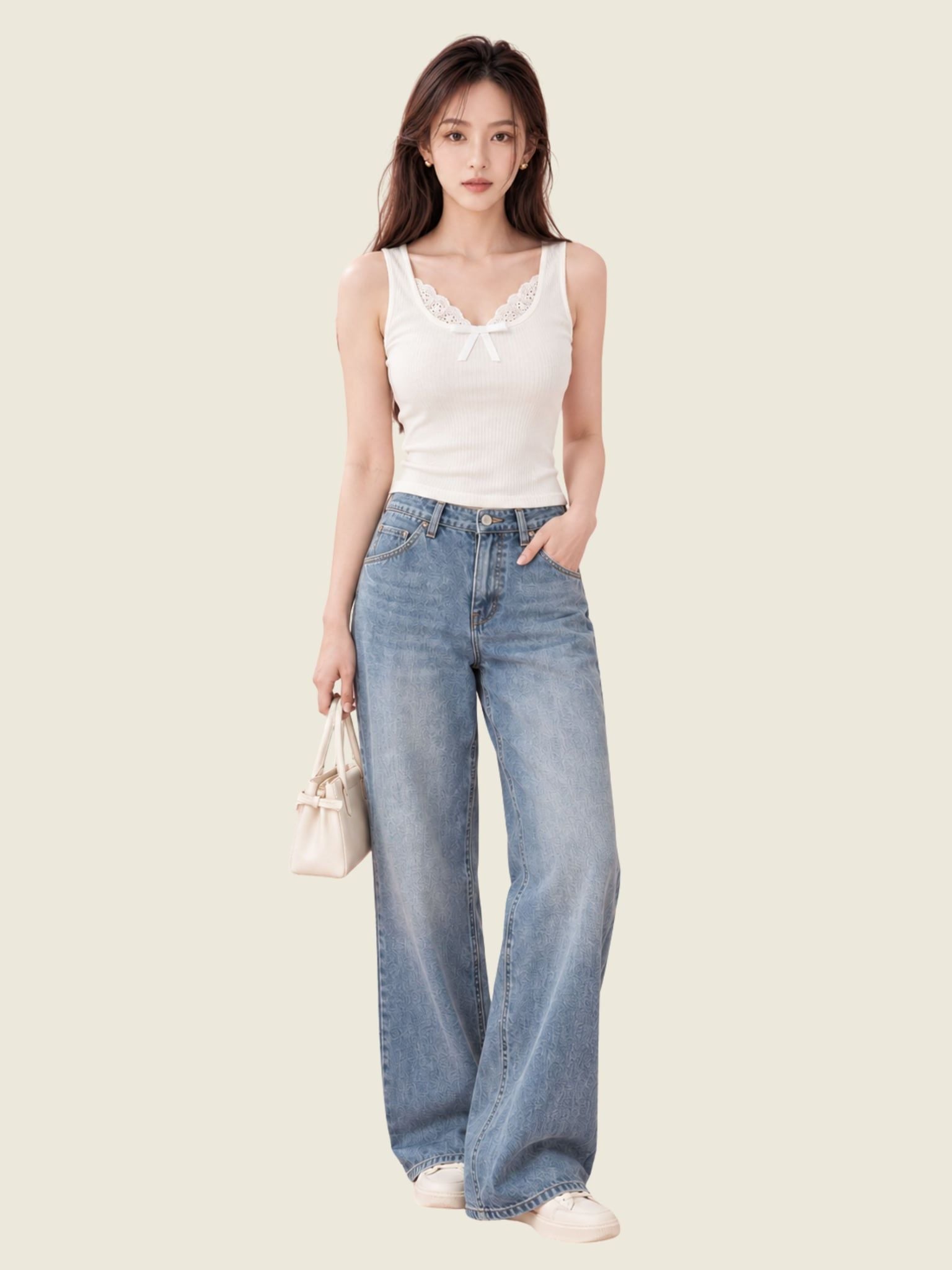  Áo tanktop phối viền ren và nơ 