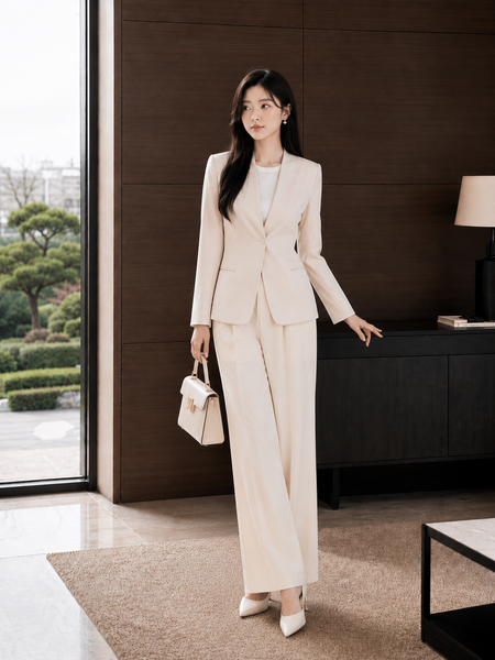  Áo blazer tay dài không cổ vạt cong 
