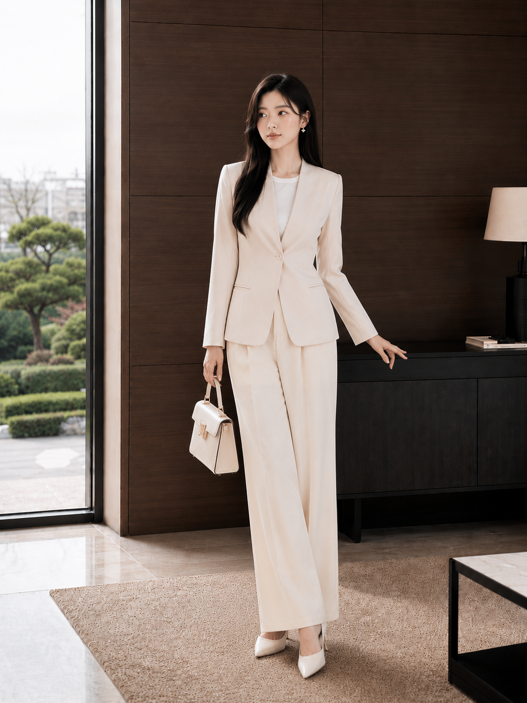  Áo blazer tay dài không cổ vạt cong 
