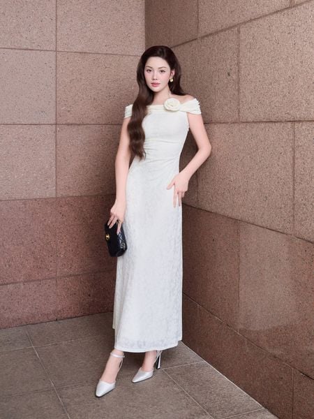  Đầm maxi thun hoa nổi nhún eo 