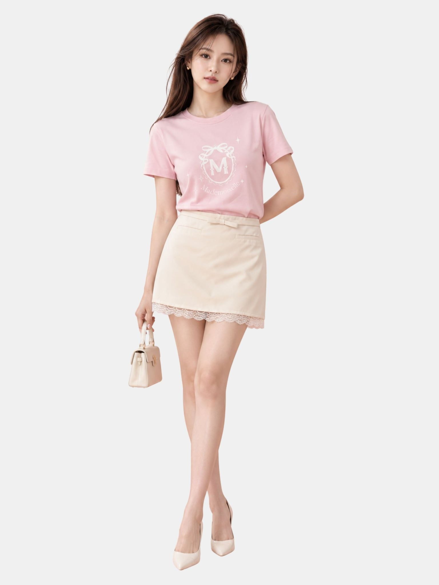  Chân váy A mini lai phối ren 