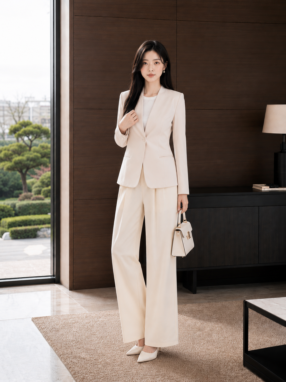 Áo blazer tay dài không cổ vạt cong