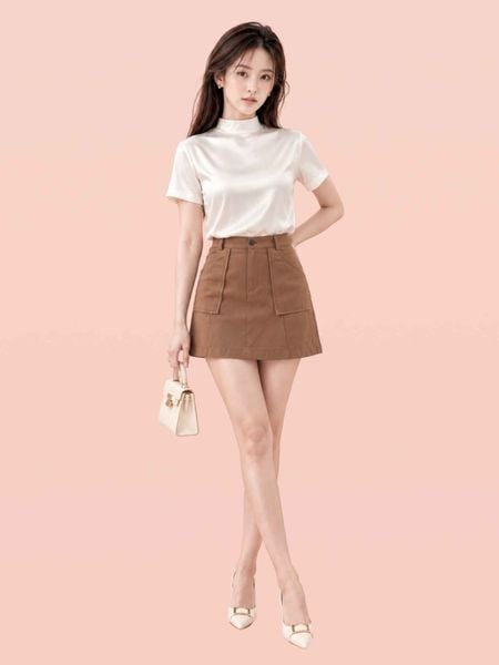  Áo lụa tay ngắn cổ lọ có dây nơ sau lưng 