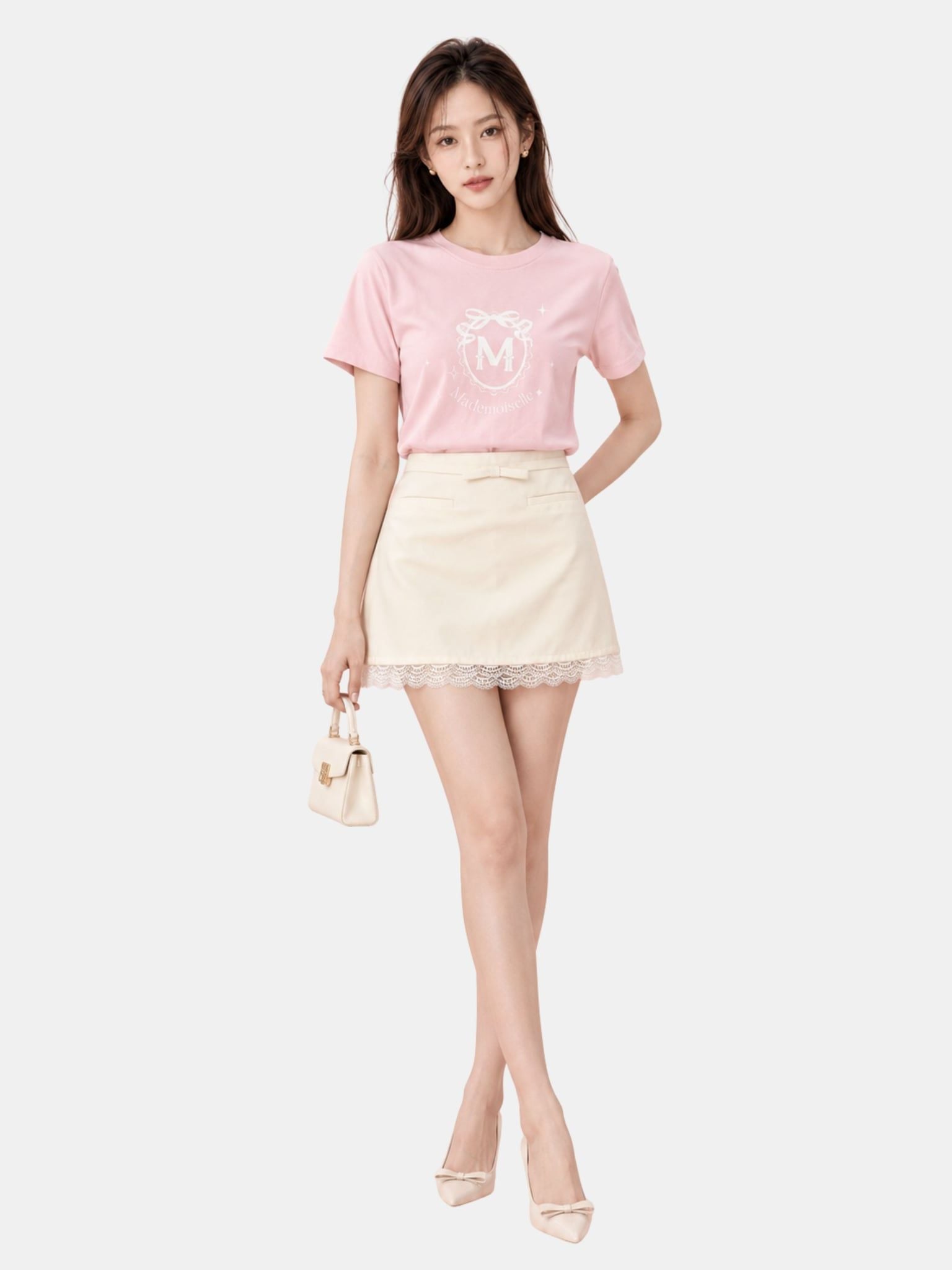  Chân váy A mini lai phối ren 