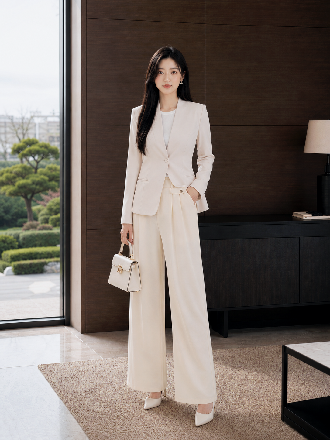  Áo blazer tay dài không cổ vạt cong 