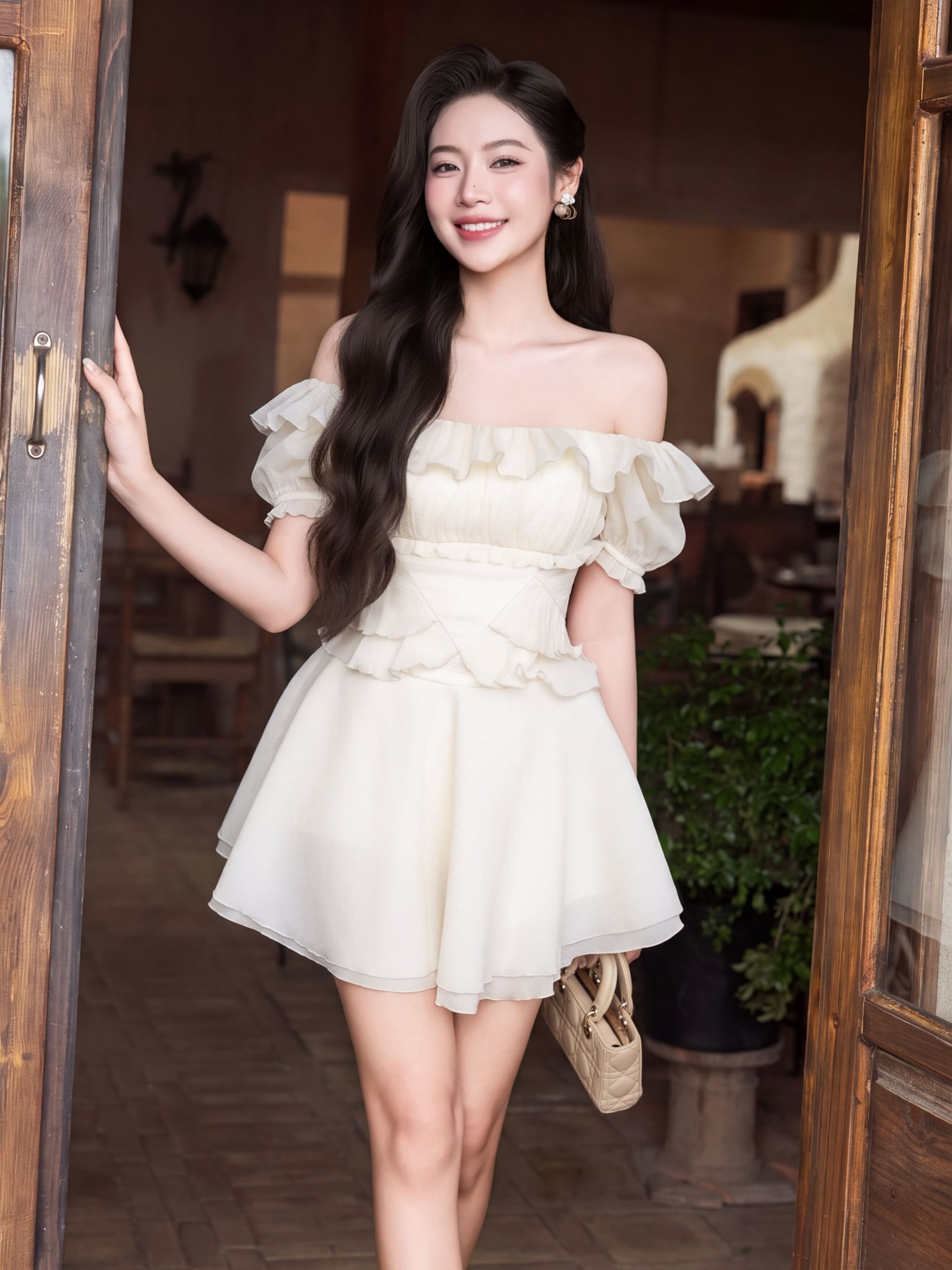 Đầm mini trễ vai nhún ngực phối bèo