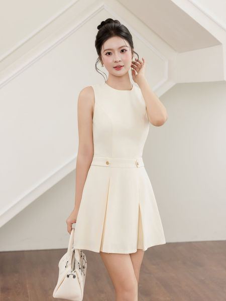  Đầm mini cổ tròn tùng xếp li 