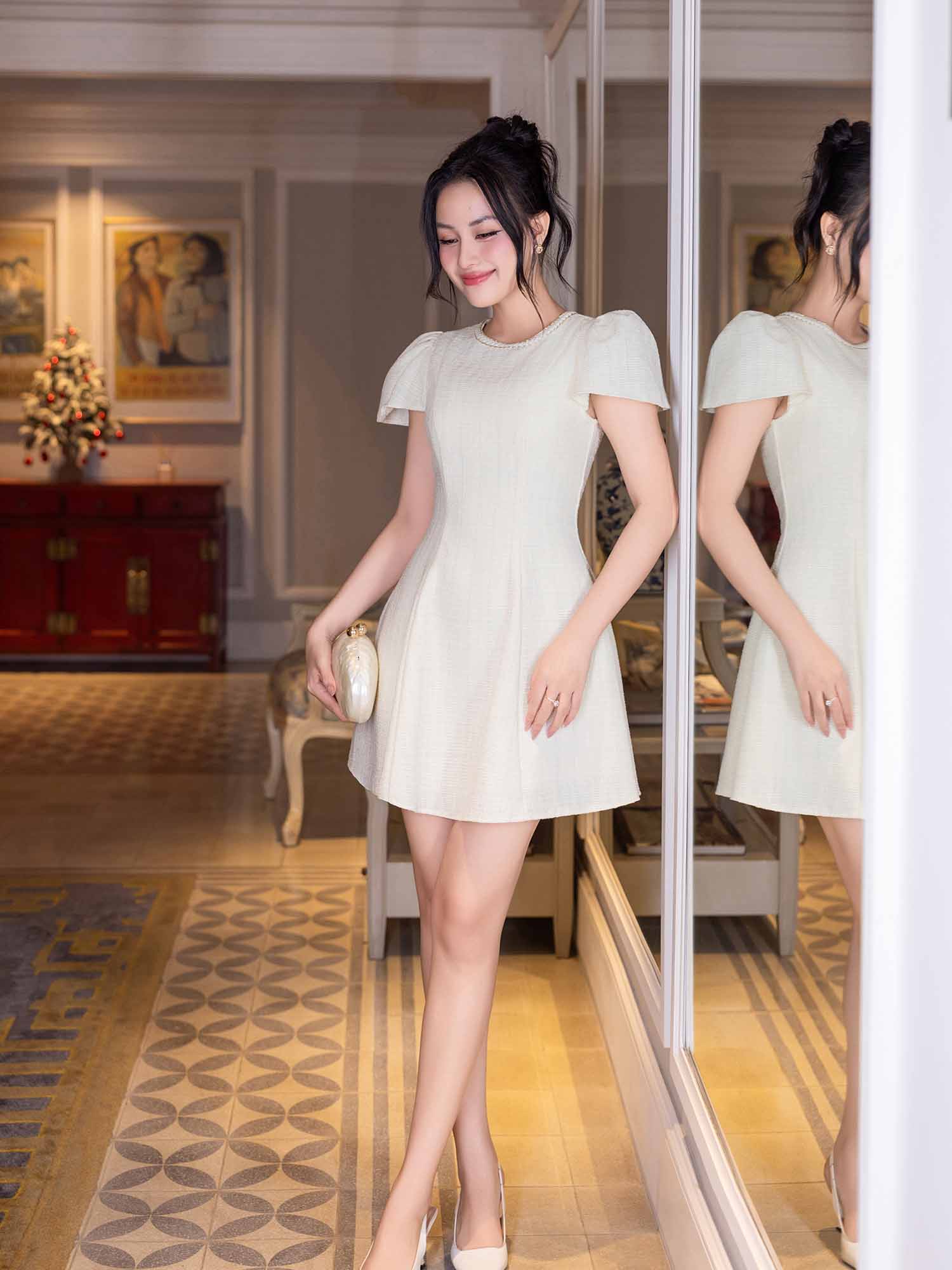 Đầm mini Tweed ngắn xoè