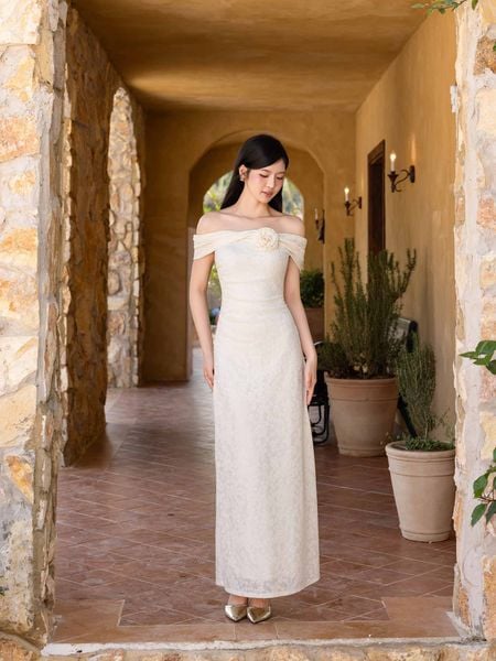  Đầm maxi thun hoa nổi nhún eo 