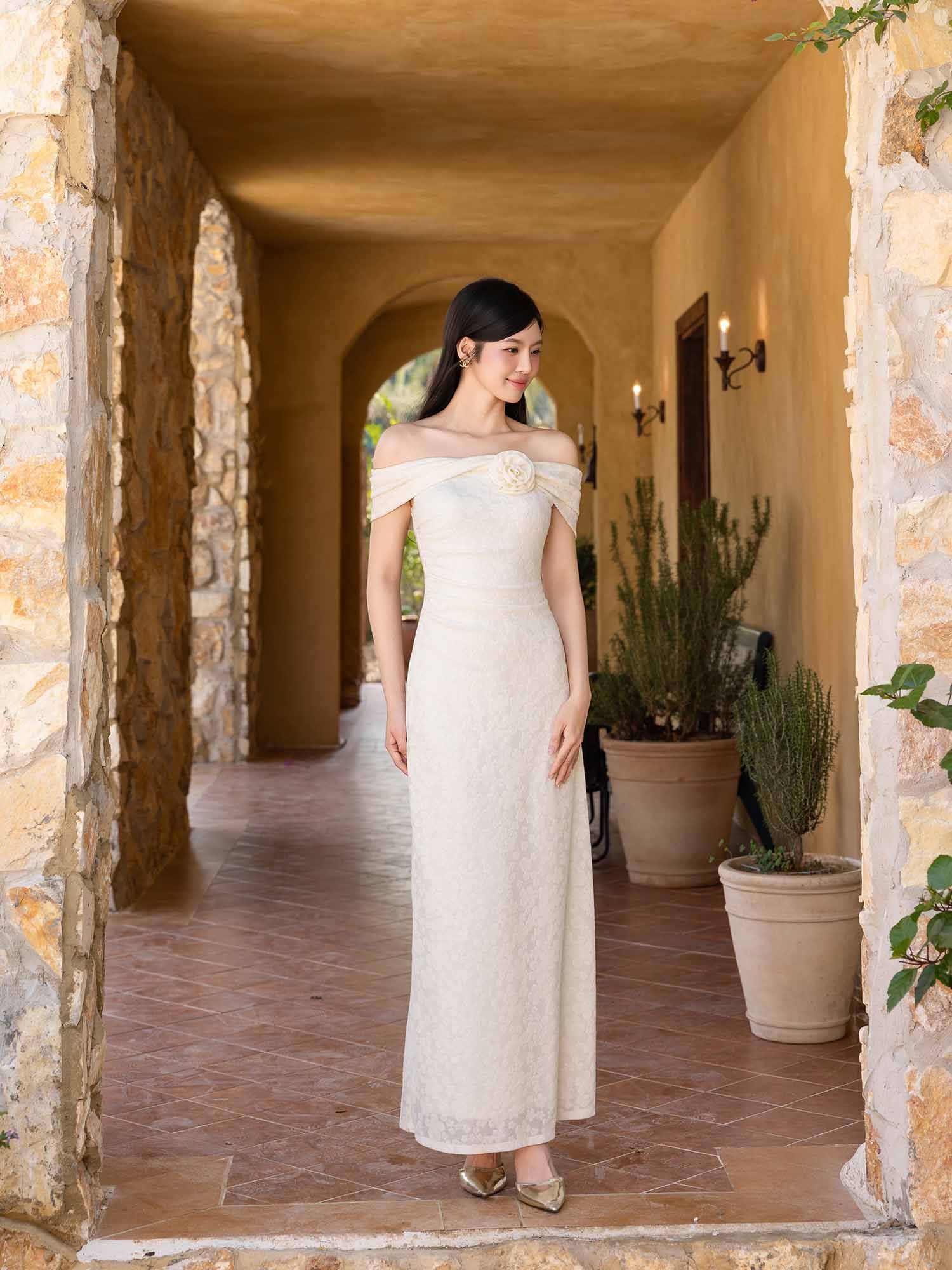  Đầm maxi thun hoa nổi nhún eo 