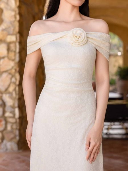  Đầm maxi thun hoa nổi nhún eo 