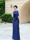  Đầm maxi lụa cổ tròn nhún eo 