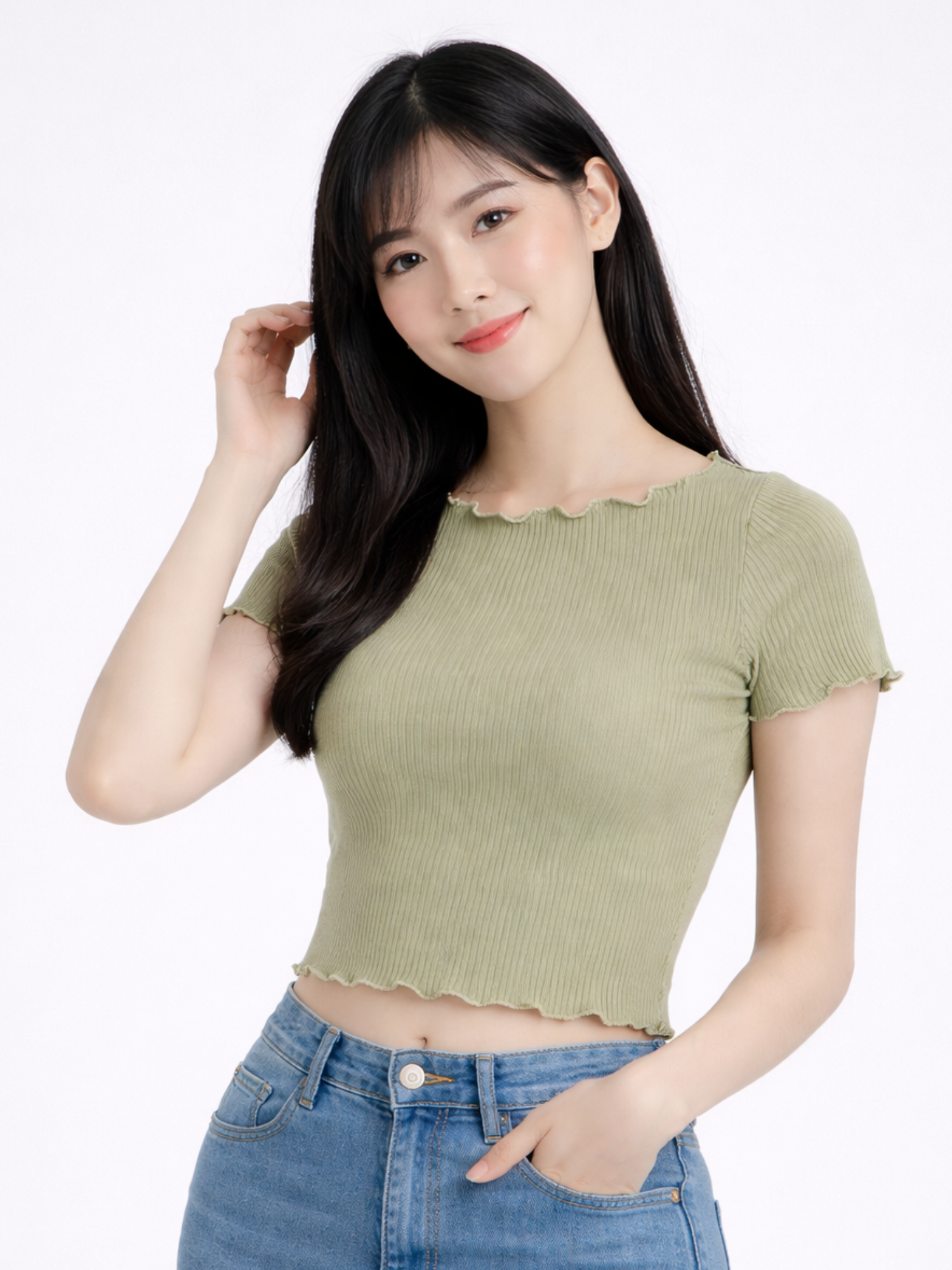 Áo thun gân croptop tay ngắn cuốn biên