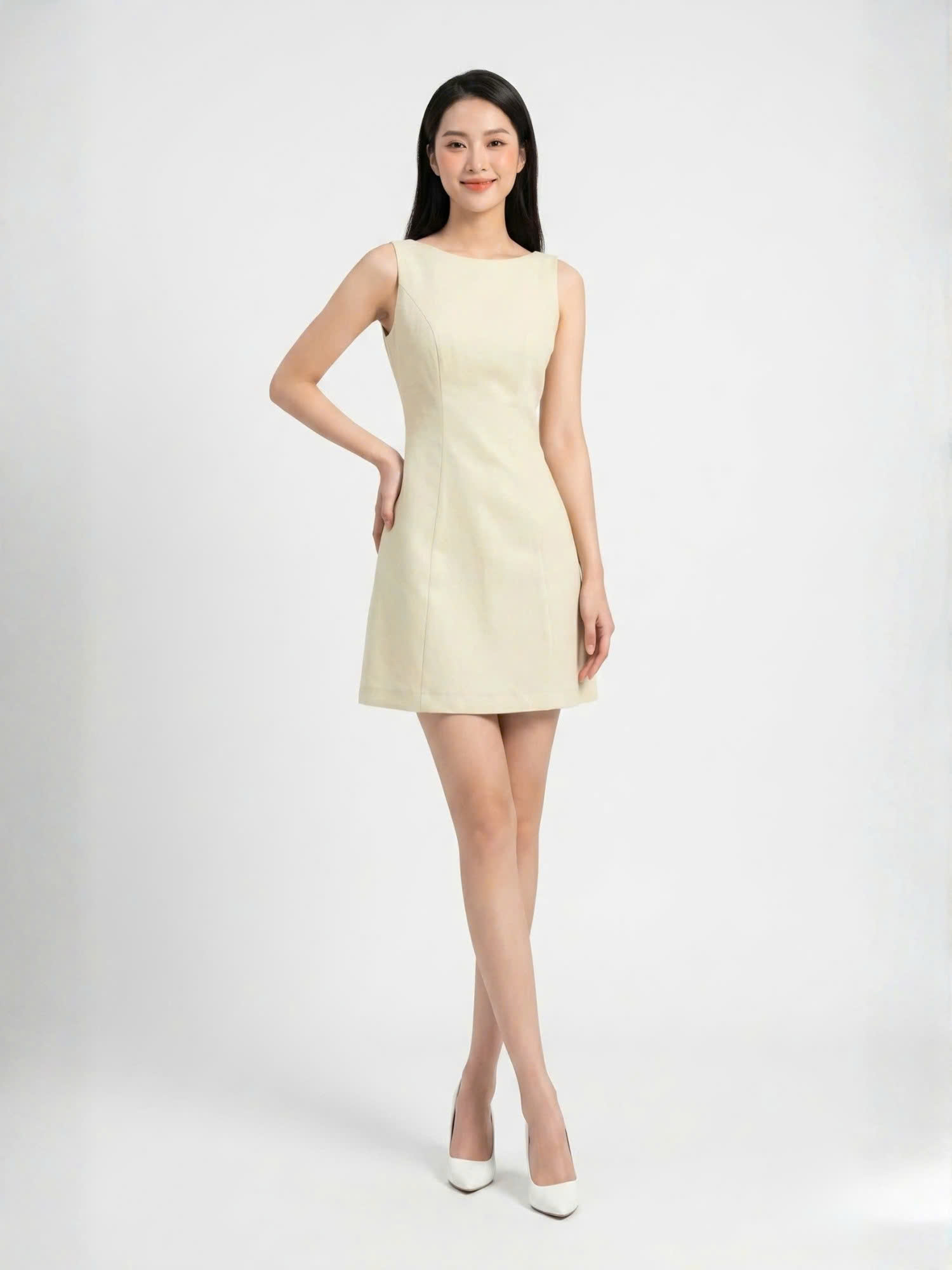 Đầm ngắn linen sát nách cổ ngang