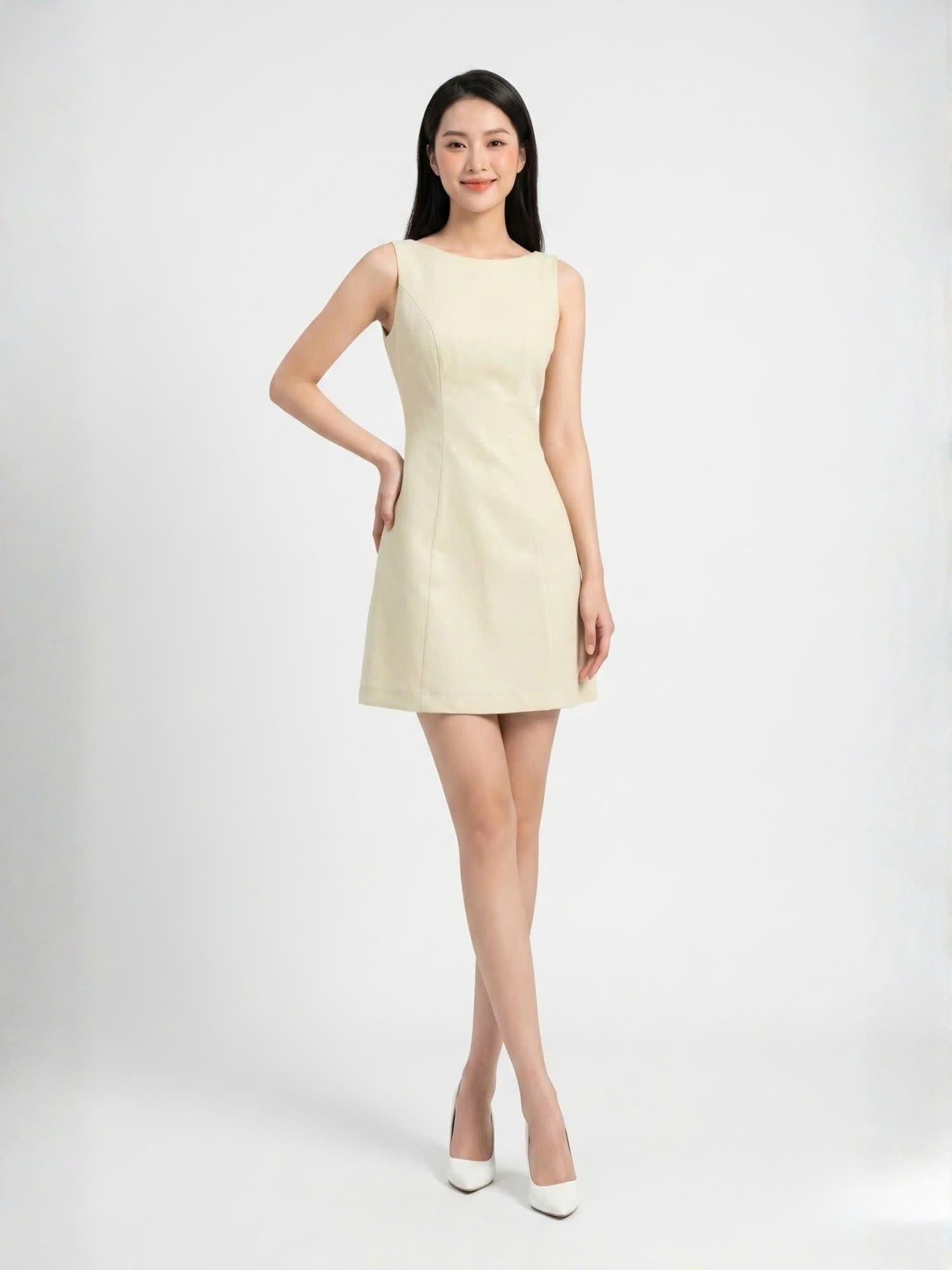  Đầm ngắn linen sát nách cổ ngang 