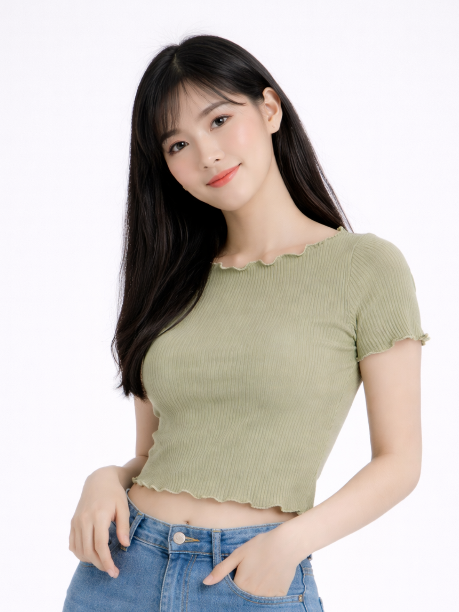  Áo thun gân croptop tay ngắn cuốn biên 