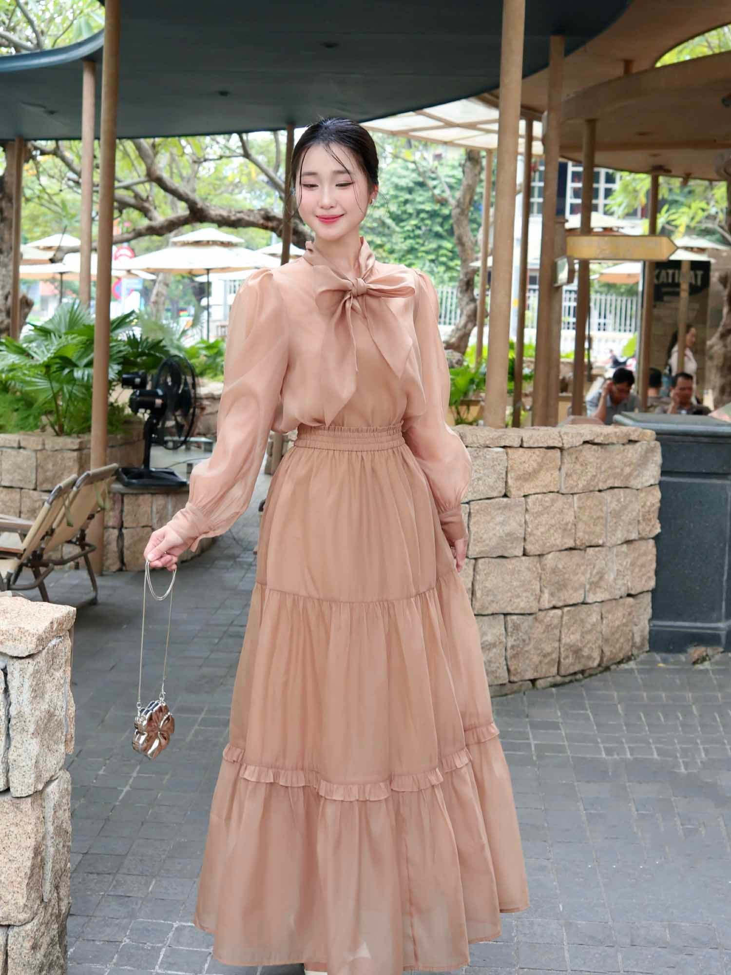  Áo sơ mi dây nơ cổ phối lót 