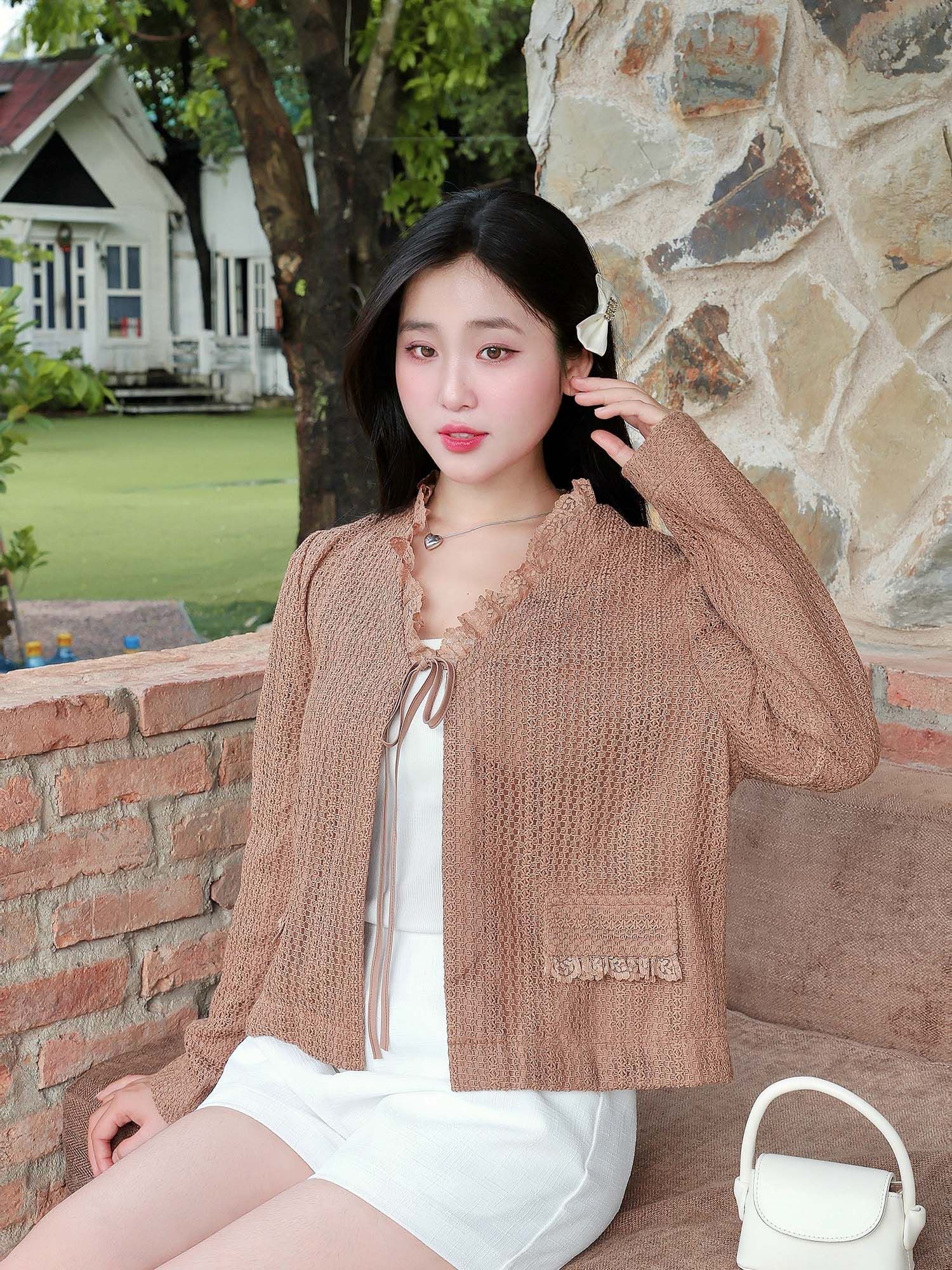  Áo khoác ren lớp nắp túi 