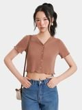  Áo thun crop tay ngắn cổ V cài nút 