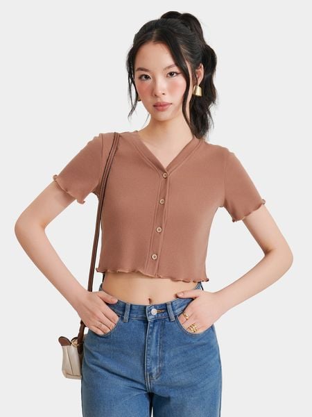  Áo thun crop tay ngắn cổ V cài nút 